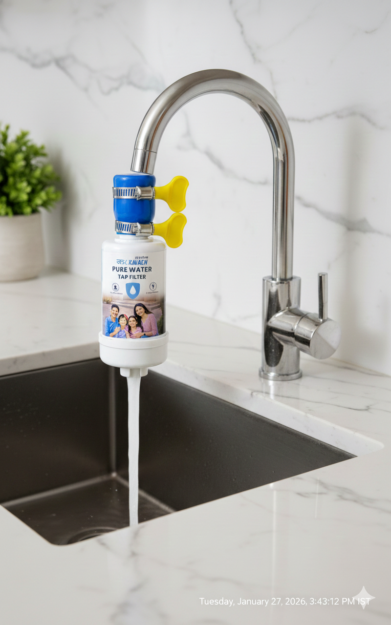 Jal Kavach filter installed on kitchen tap, water flowing